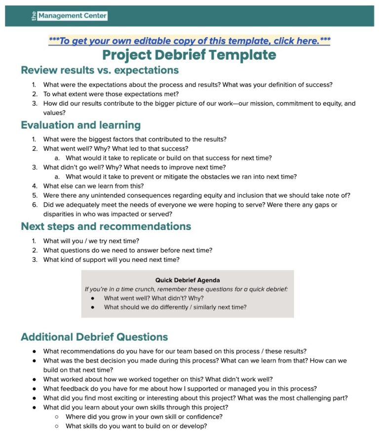 Project Debrief Template - The Management Center