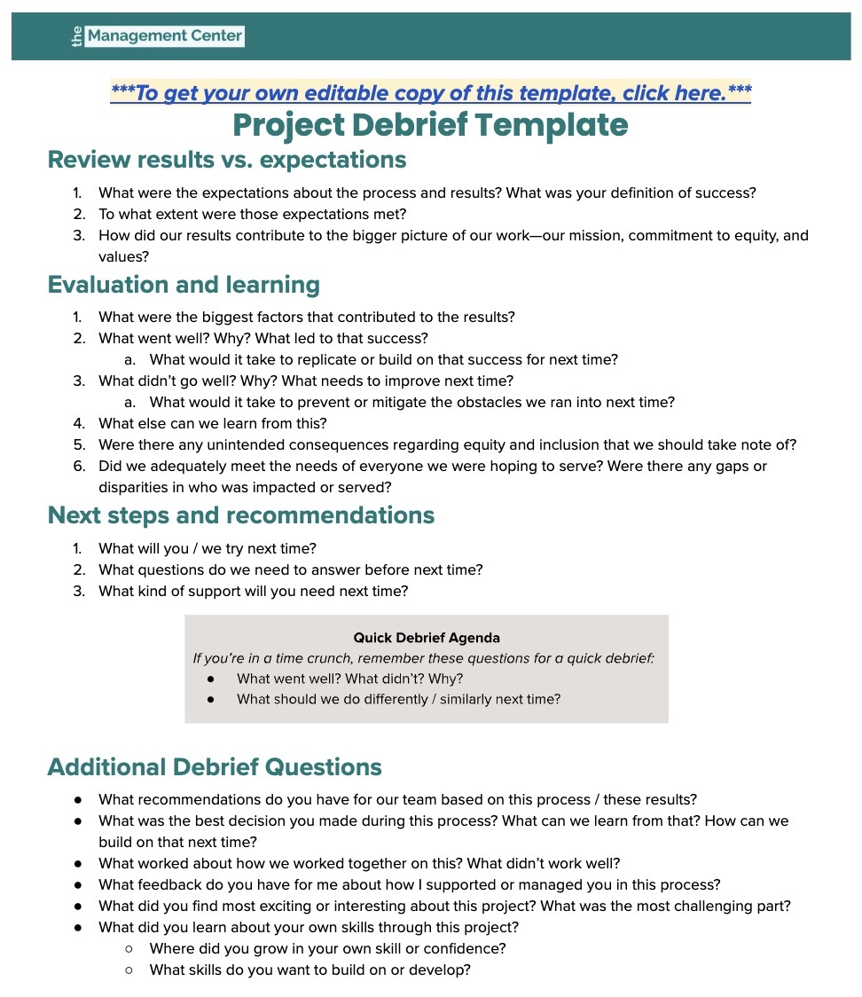 Debrief Example Project Debrief Template - The Management Center