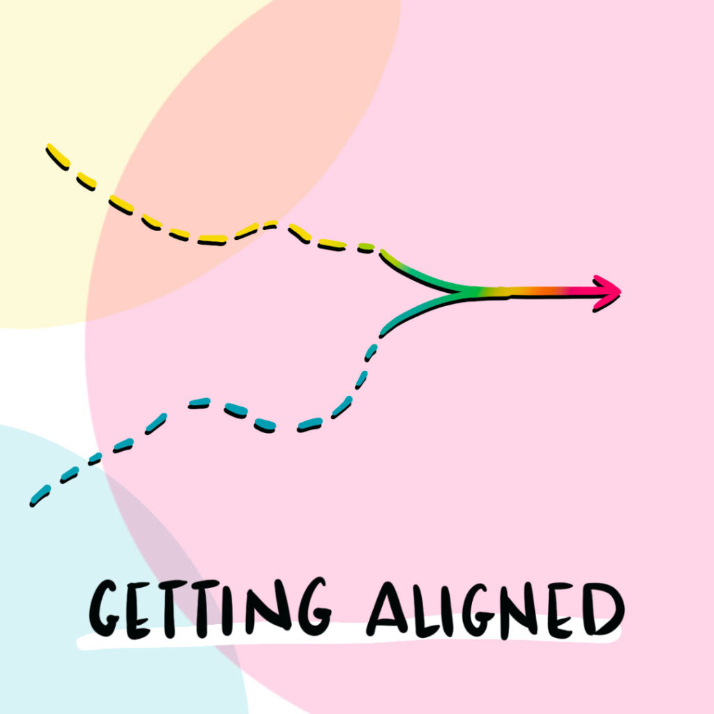 Getting Aligned. Two dotted lines (yellow and blue) converge into rainbow arrow.
