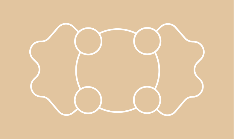 A circle surrounded by four smaller circles, flanked by squiggly lines to the right and left.